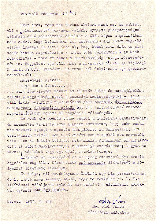 Dr. Oláh János levele a szerkesztőségnek (1987)