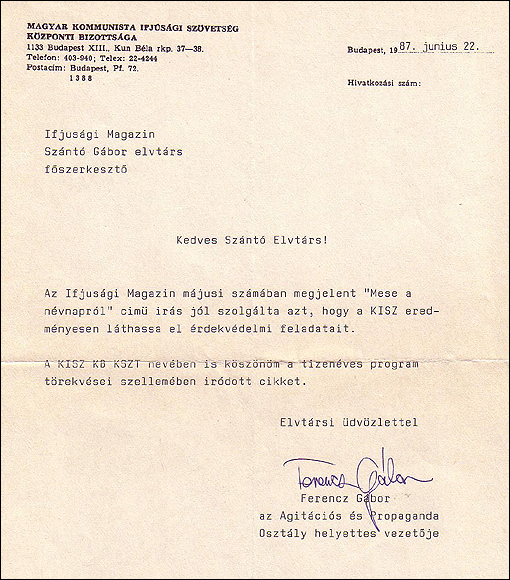 Ferencz Gábor levele a szerkesztőségnek (1987)