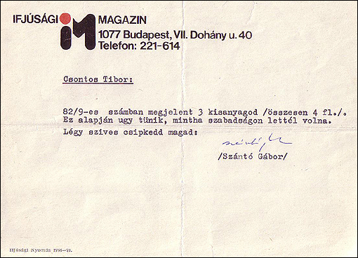 Szántó Gábor felszólító levele Csontos Tibornak (1982)