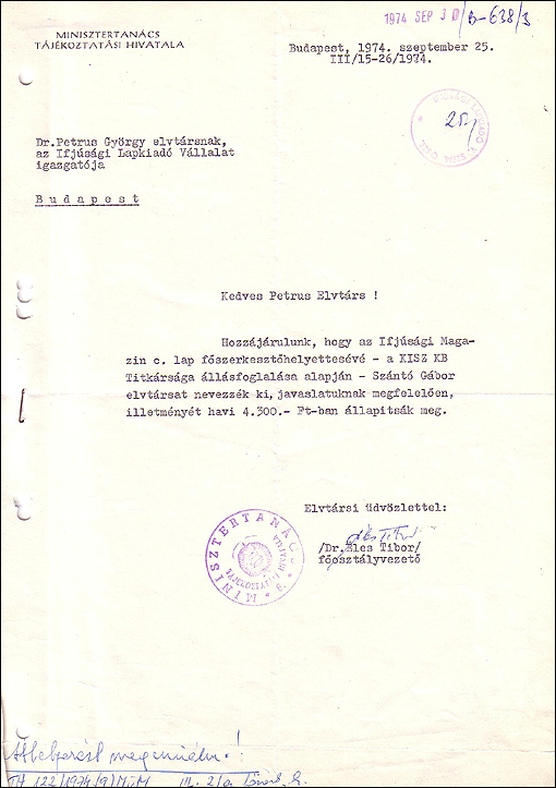 Hozzájárulás Szántó Gábor főszerkesztői kinevezéséhez (1974)