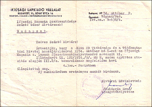Szántó Gábor főszerkesztői kinevezése (1974)