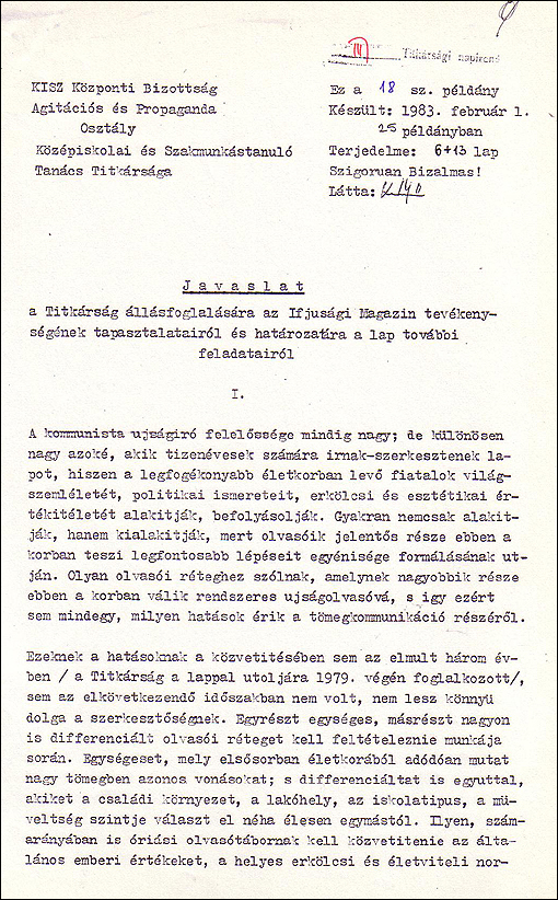 A KISZ KB. Agit. Prop. Osztály javaslata (szig. biz.) 1. oldal (1983)
