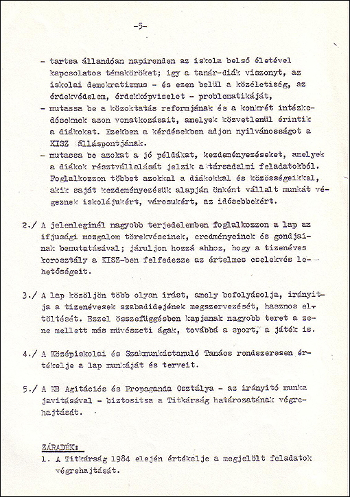 A KISZ KB. Agit. Prop. Osztály javaslata (szig. biz.) 5. oldal (1983)